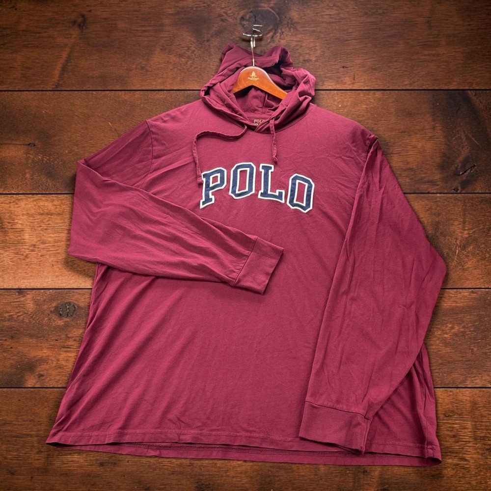 Polo Ralph Lauren Mens XXL Burgundy Hooded Long Sleeve Tee Spellout Applique